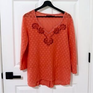 Prana Coral sheer Embroidered V-Neck Tunic Top, boho, beach, light, summer